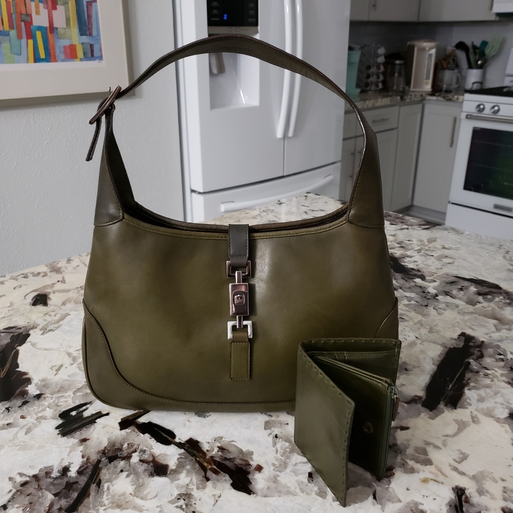 Gucci Jackie olive green bag and wallet set, rare vintage timeless